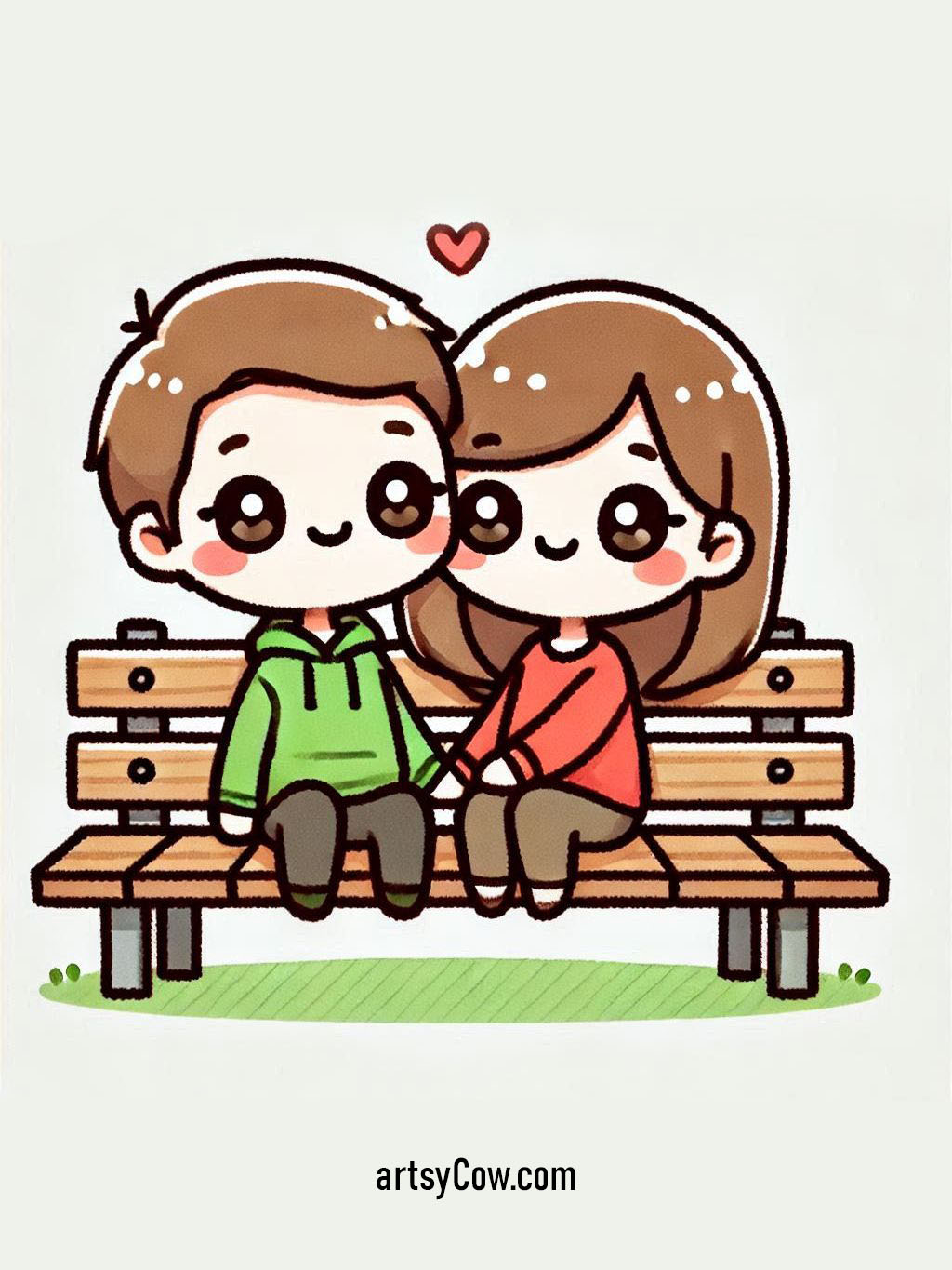 valentines drawings with couple sitting closely on a park bench, hand in hand with a small heart above, looking content and happy.